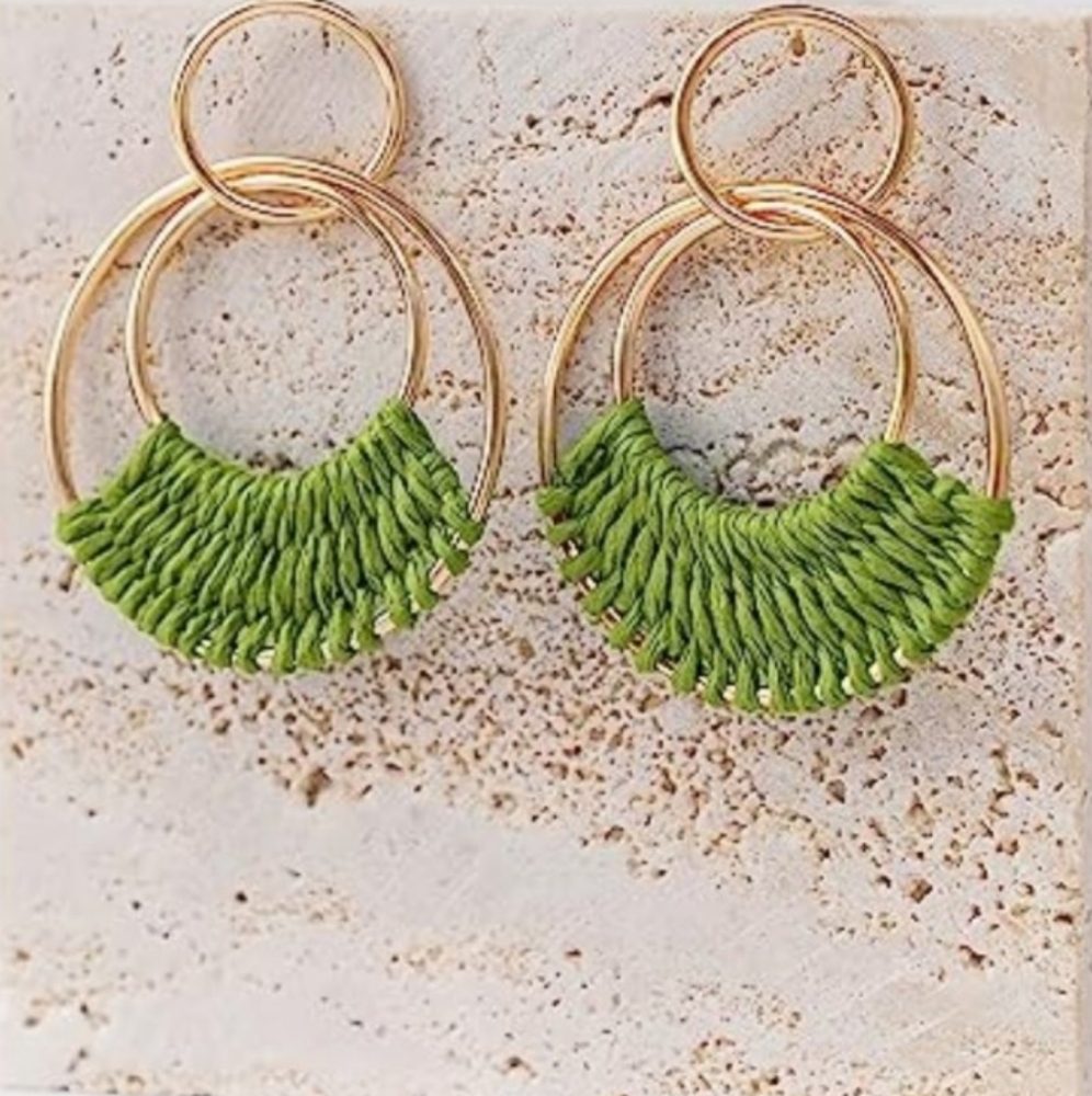 Green Woven Raffia Gold Hoop Earrings Wicker Hoops Links Post Vacation Style New